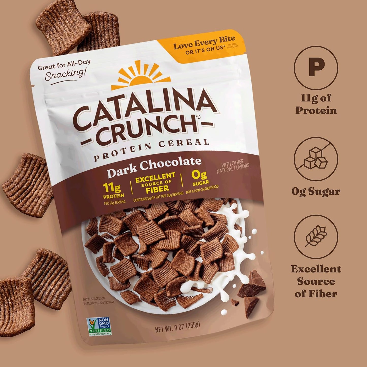 Catalina Crunch Protein Cereal - Sugar Free Breakfast Cereal with 11g of Protein - Gluten Free - Dark Chocolate - 9 oz. Bag (Packaging May Vary)