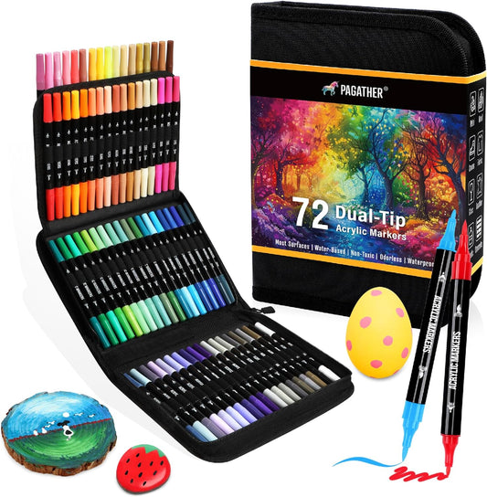 Pagather 72 Colors Acrylic Paint Markers, Dual Tip with Fine Tip and Brush Tip Pens for Stone, Wood, Calligraphy, Canvas, Ceramic, Metal
