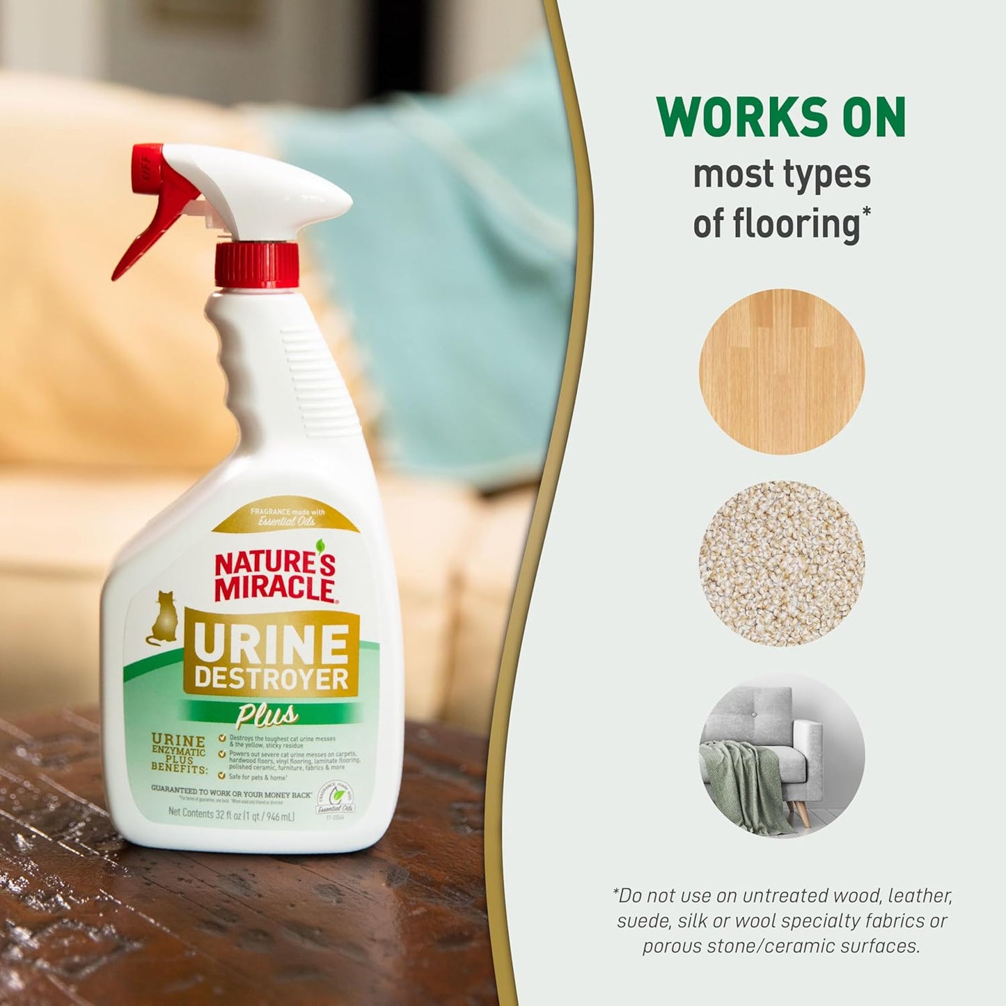 Natures Miracle Urine Destroyer Plus Cat, 32 Ounces,Unscented, Enzymatic Formula, Ready-to-Use