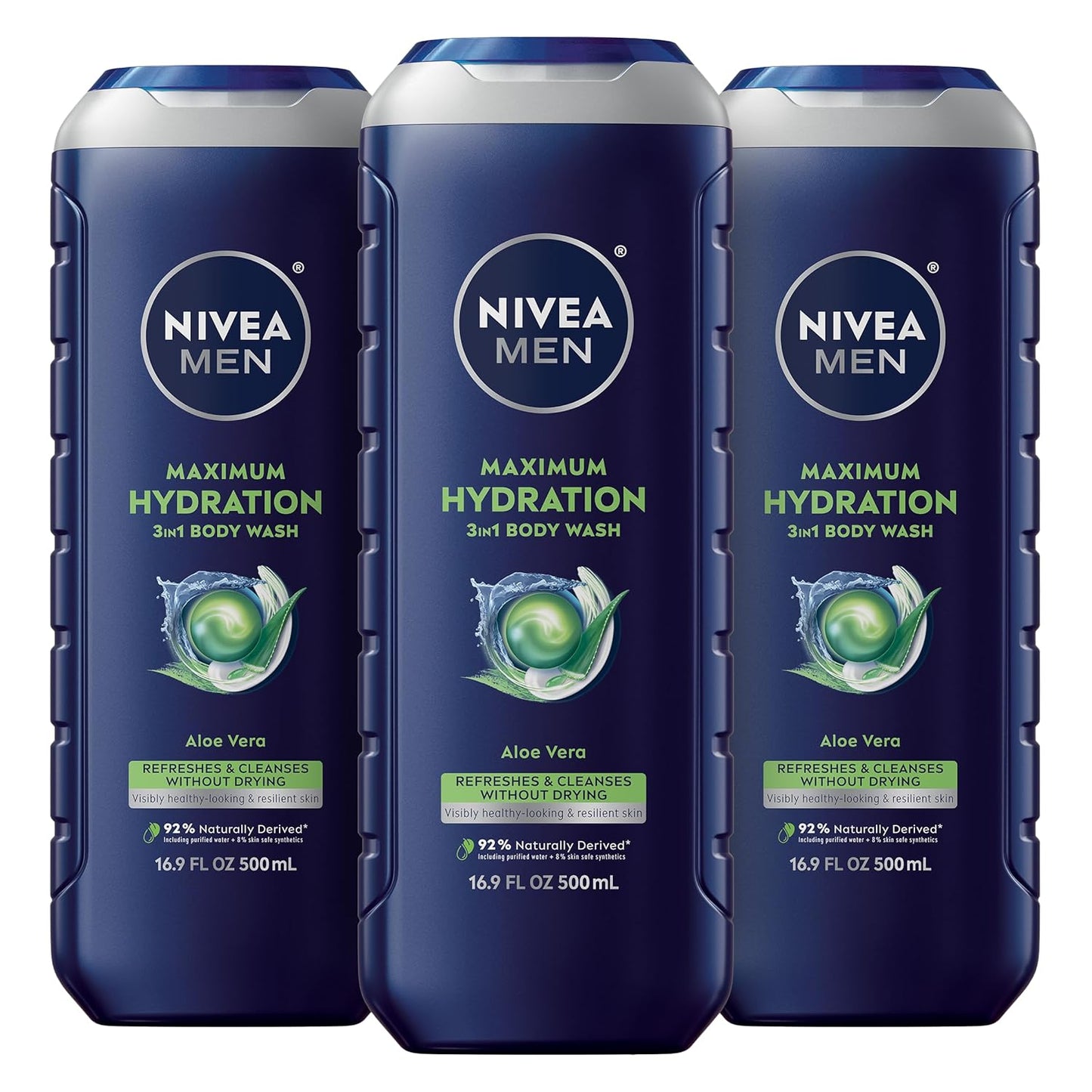 NIVEA MEN Maximum Hydration Body Wash for Dry Skin, Aloe Vera Enriched, 3-in-1 Moisturizing Body Wash, Face and Hair, Paraben Free, Vegan