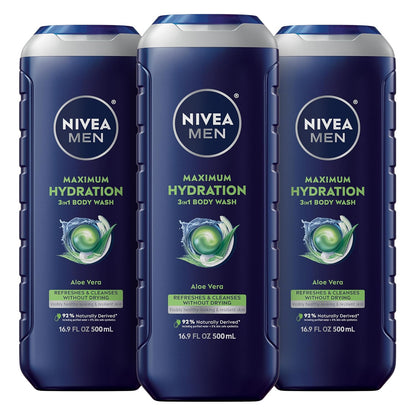 NIVEA MEN Maximum Hydration Body Wash for Dry Skin, Aloe Vera Enriched, 3-in-1 Moisturizing Body Wash, Face and Hair, Paraben Free, Vegan