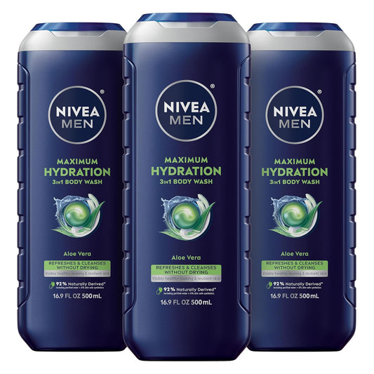 NIVEA MEN Maximum Hydration Body Wash for Dry Skin, Aloe Vera Enriched, 3-in-1 Moisturizing Body Wash, Face and Hair, Paraben Free, Vegan