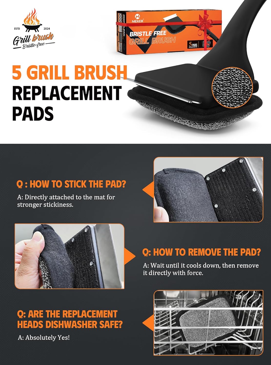 MEKER Grill Brush Bristle Free, Grill Cleaner Brush with 5 BBQ Replacement Head for Cast Iron, Stainless Steel