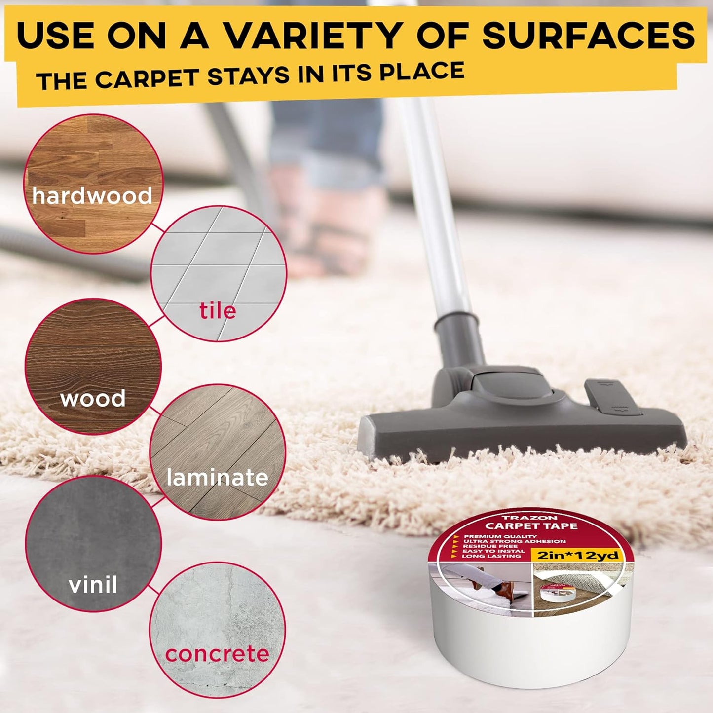 Carpet Tape Double Sided - Rug Tape Grippers for Hardwood Floors and Area Rugs - Carpet Binding Tape Strong Adhesive and