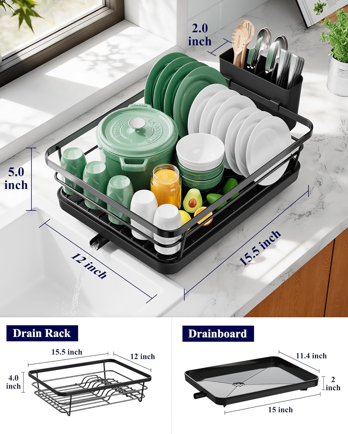 Kitsure Dish Drying Rack for Kitchen Counter, Stainless Steel Sink Organization and Storage Essentials with Cutlery Holder, Home and Appartment