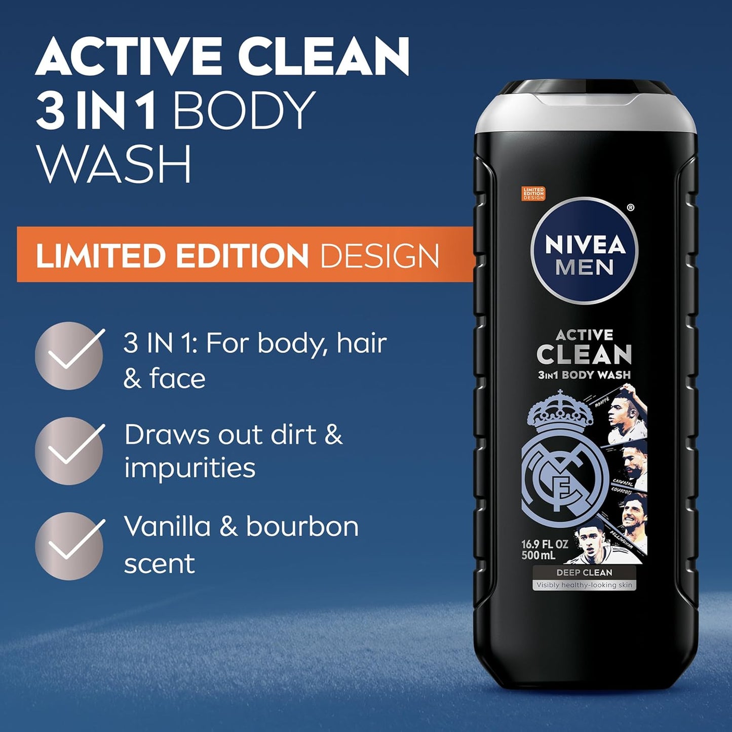 NIVEA MEN Real Madrid Limited Edition Design Active Clean Body Wash with Natural Charcoal for Normal to Oily Skin, 3-in-1 Charcoal Body