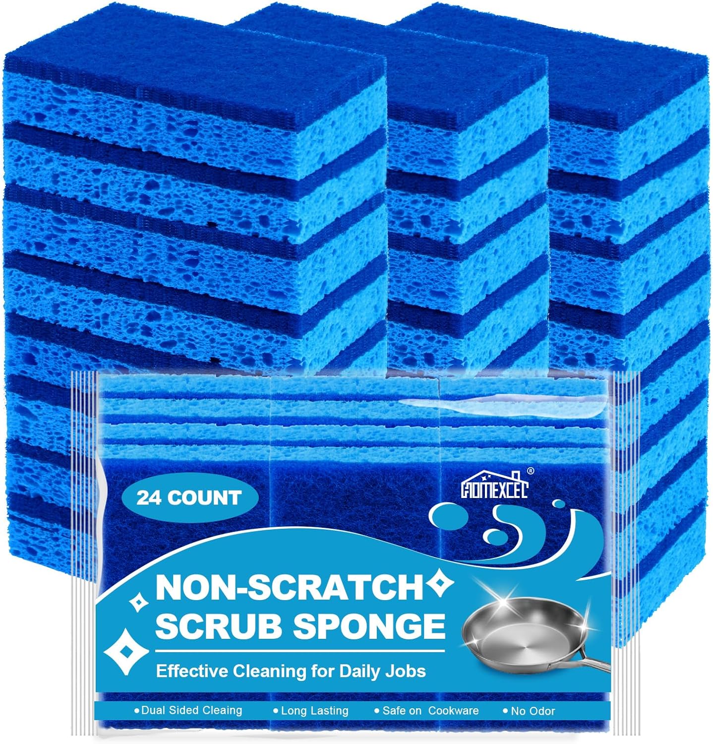 HOMEXCEL Sponges Kitchen 24pcs, Non-Scratch Scrub Dish Sponge Safe on Non-Stick Cookware, Dual Sided Cleaning Sponges for Kitchen