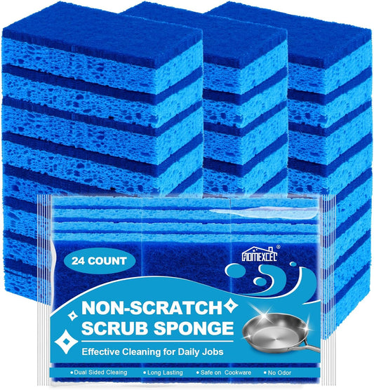 HOMEXCEL Sponges Kitchen 24pcs, Non-Scratch Scrub Dish Sponge Safe on Non-Stick Cookware, Dual Sided Cleaning Sponges for Kitchen