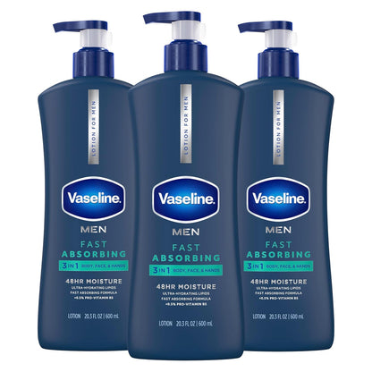 Vaseline Men's Healing Moisture Hand & Body Lotion For Dry or Cracked Skin Fast Absorbing Non-Greasy Lotion for Men 20.3 oz, Pack of 3