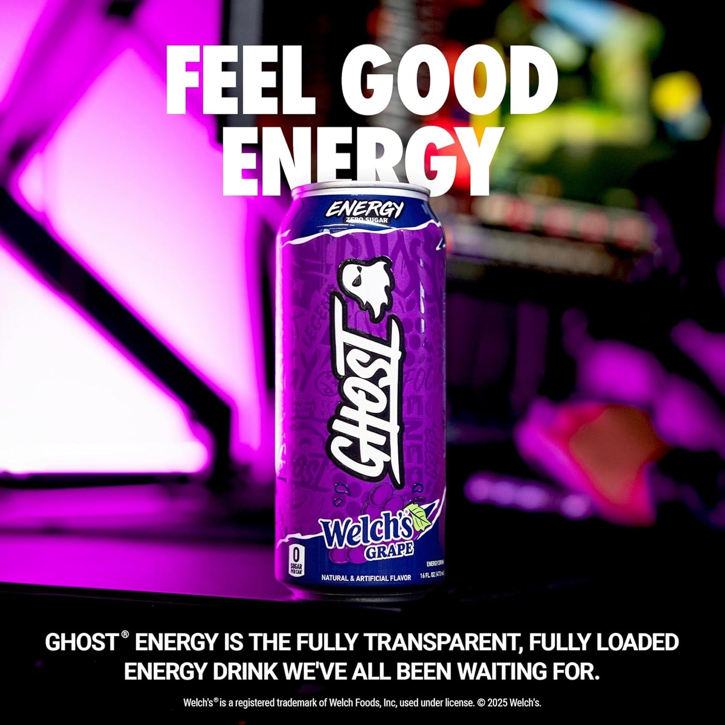 GHOST Energy Drink - 12-Pack, Welch's Grape, 16oz Cans - Energy & Focus & No Artificial Colors - 200mg of Natural