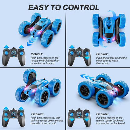 QUNREDA Remote Control Car, RC Cars Toys for Kids Ages 6-12, 4WD Stunt Car with LED Lights & 360 Flips, 2.4GHz, Upgraded USB-C Modular