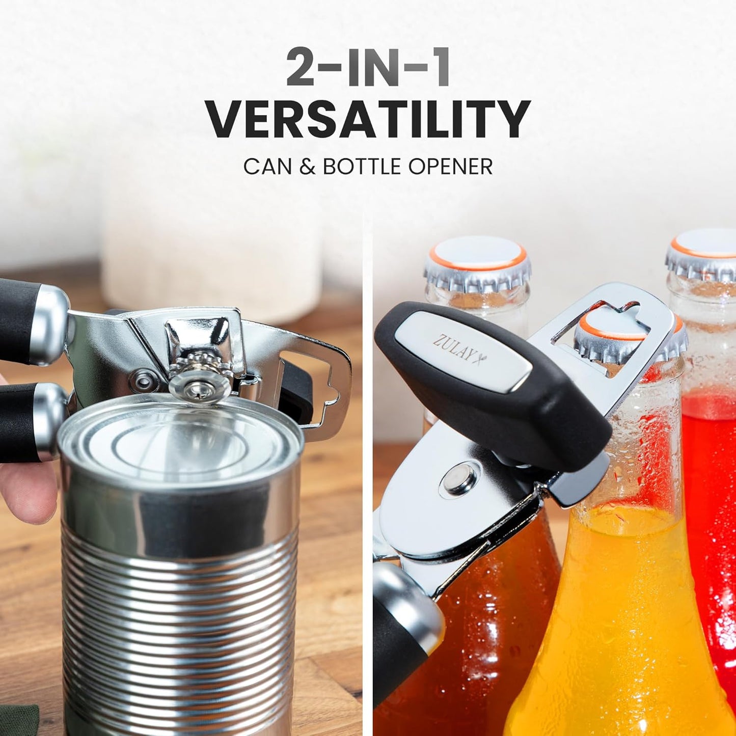 Zulay Kitchen Heavy Duty Stainless Steel Can Opener Manual with Bottle Opener - Rust Proof Manual Can Opener With Turn Knob & Comfy Soft Grip Handles
