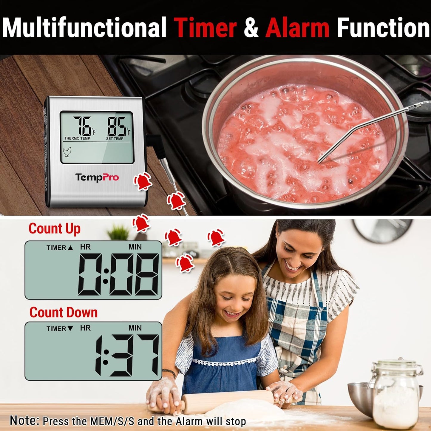 TempPro TP16 Large LCD Digital Cooking Food Meat Thermometer for Smoker Oven Kitchen BBQ Grill Thermometer Clock Timer with Stainless Steel