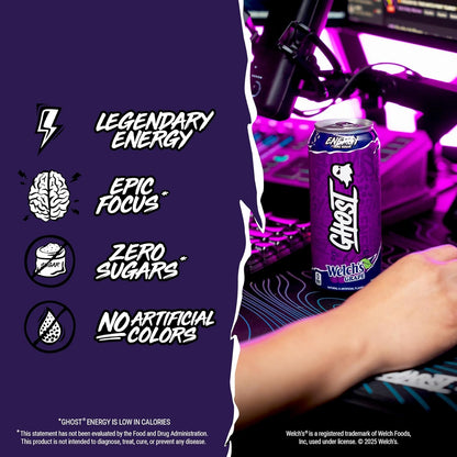 GHOST Energy Drink - 12-Pack, Welch's Grape, 16oz Cans - Energy & Focus & No Artificial Colors - 200mg of Natural