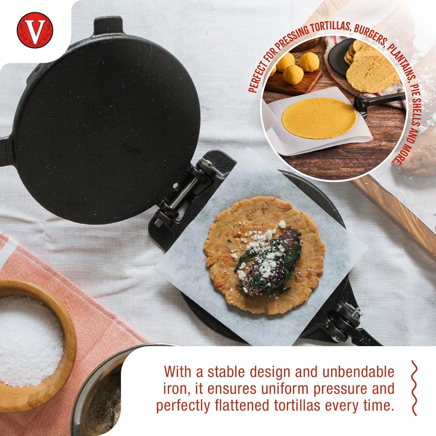 Victoria 8 Inches Cast Iron Tortilla Press, Roti Maker and Tortilladora, Pataconera Seasoned with Flaxseed Oil, Made in Colombia, Traditional