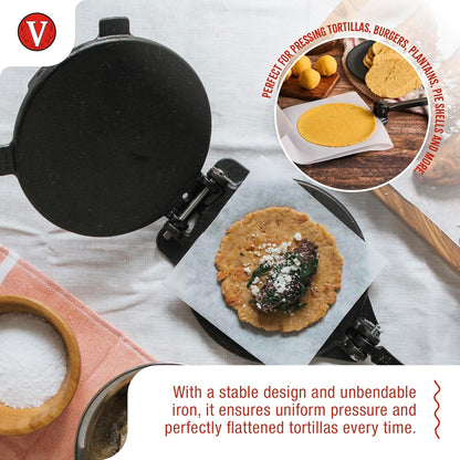 Victoria 8 Inches Cast Iron Tortilla Press, Roti Maker and Tortilladora, Pataconera Seasoned with Flaxseed Oil, Made in Colombia, Traditional
