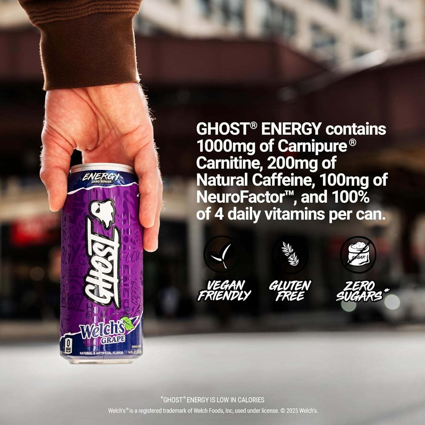 GHOST Energy Drink - 12-Pack, Welch's Grape, 16oz Cans - Energy & Focus & No Artificial Colors - 200mg of Natural