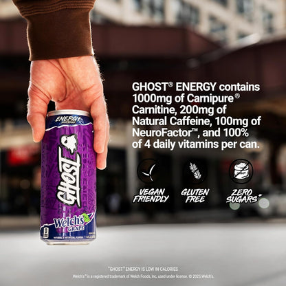 GHOST Energy Drink - 12-Pack, Welch's Grape, 16oz Cans - Energy & Focus & No Artificial Colors - 200mg of Natural