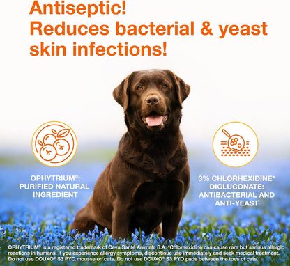 Douxo S3 Pyo Pads, Contains 3% Chlorhexidine & 0.5% Ophytrium, Antiseptic & Hydrating, For Bacterial or Yeast Skin Infections, For Dogs and