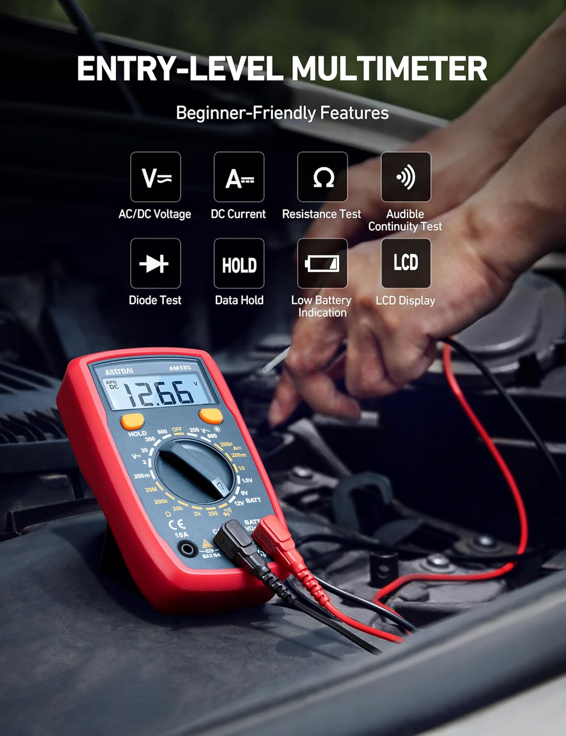 AstroAI Digital Multimeter Tester 2000 Counts with DC AC Voltmeter and Ohm Volt Amp Meter; Measures Voltage, Current