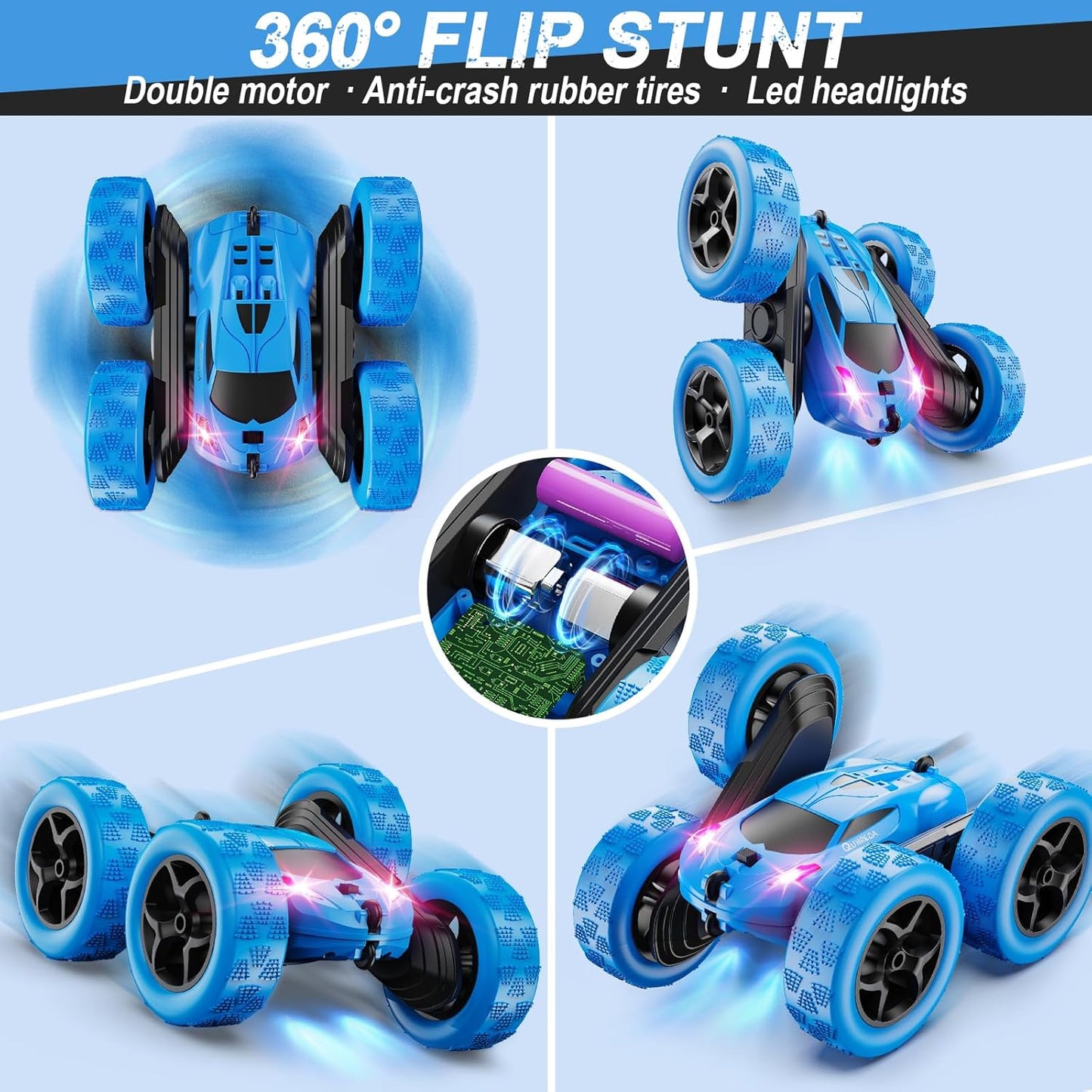 QUNREDA Remote Control Car, RC Cars Toys for Kids Ages 6-12, 4WD Stunt Car with LED Lights & 360 Flips, 2.4GHz, Upgraded USB-C Modular