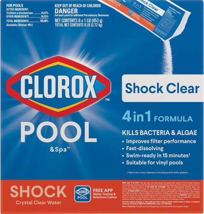 Clorox Pool&Spa Shock Clear, for Crystal Clear Swimming Pool Water, Swim-ready in 15 minutes, Suitable for vinyl pools (6-Pack)