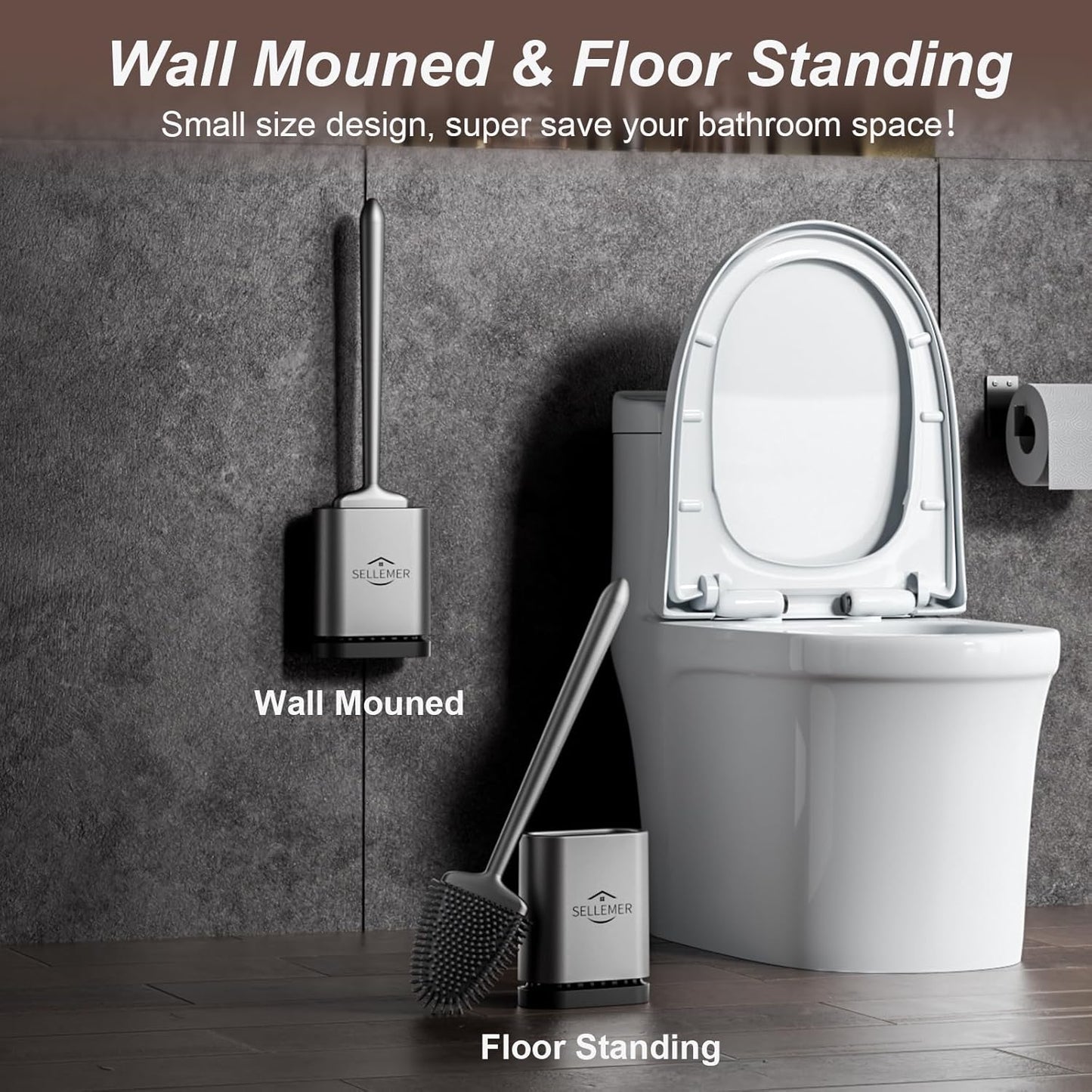 Sellemer Toilet Brush and Holder Set - Flexible Toilet Bowl Brush Head with Silicone Bristles, Compact Size for Storage and