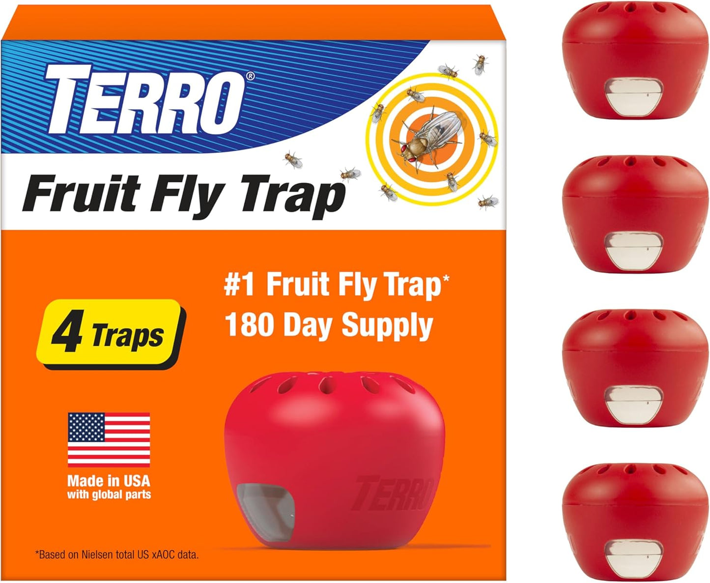 TERRO Fruit Fly Traps for Indoors (4 Pack) + 180 Days of Lure Supply - T2503SR - Lure and Kill Indoor Fruit Flies Near Fruit, Trash