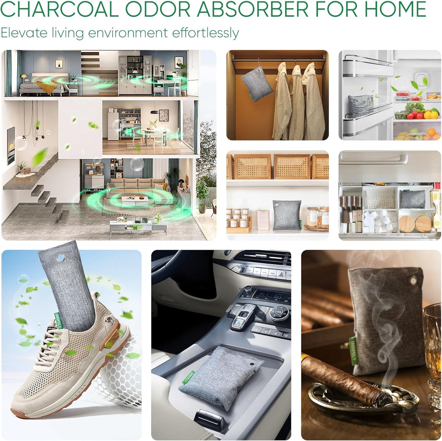 Activated Charcoal Odor Absorber, 6 Pack Natural Shoe Odor Eliminator, Bamboo Charcoal Air Purifying