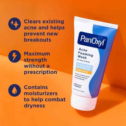PanOxyl 10% Benzoyl Peroxide Acne Foaming Wash, Maximum Strength, Daily Acne-Fighting Face and Body Cleanser, Face Wash to
