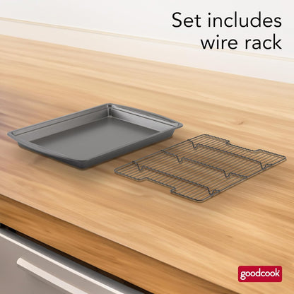 GoodCook 15 x 10.5 Nonstick Carbon Steel Baking Pan & Raised Wire Rack Pizza Crisper, Crispy Bacon, Multipurpose Cooking Sheet Pan, Cooling