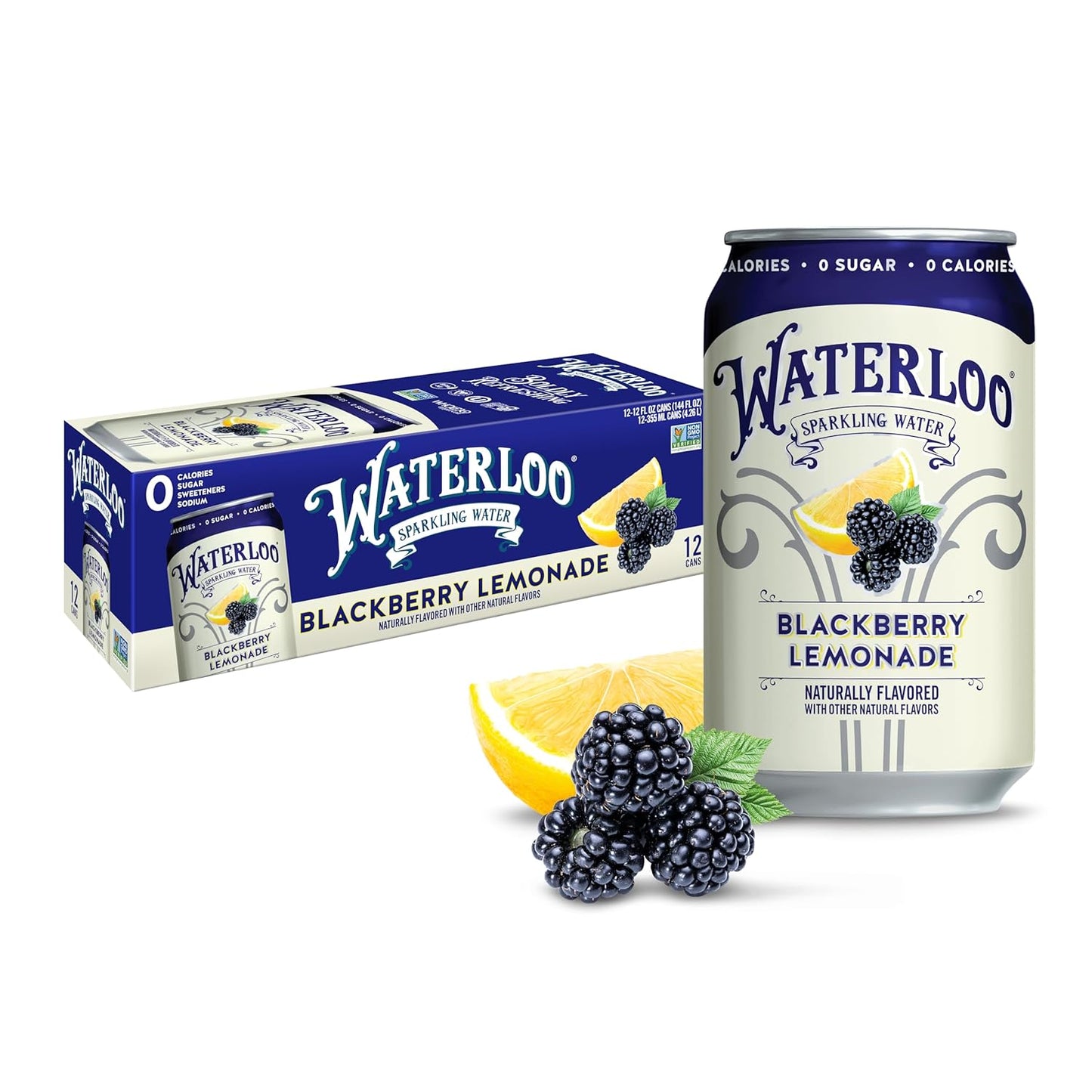 Waterloo Sparkling Water, Blackberry Lemonade Naturally Flavored, 12 Fl Oz Cans (2) Zero Calories and Zero Sugar or Sweeteners