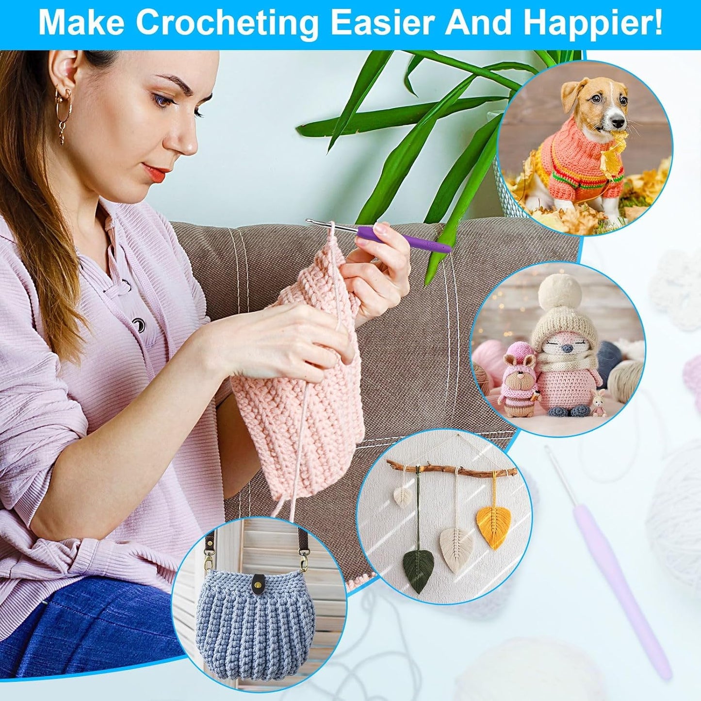MECHEER Crochet Hooks 12 Sizes Crochet Hook Set, 51 Pack Yarn Crochet Kit for Beginners, Knitting Needles with Ergonomic Handles for Arthritic
