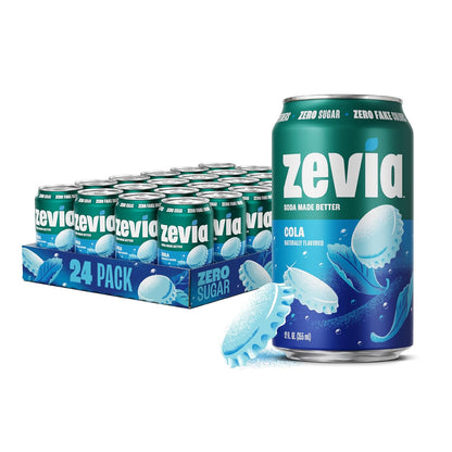 Zevia Zero Sugar Soda, Cola, 12 oz Cans (24-Pack) Naturally Sweetened, Zero Calorie Sugar Free Soda - Non-GMO Project Verified, Gluten-Free, Vegan