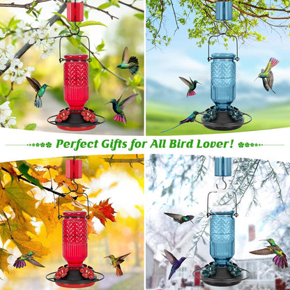 FEED GARDEN Glass Hummingbird Feeder, 16oz Outdoor Hanging Bird Feeder with Ant Moat, 4 Bee-Proof Feeding Ports, 360 Perch, Leak-Proof, Red