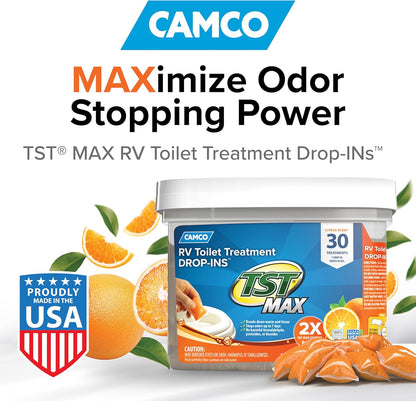 Camco TST MAX RV Toilet Treatment Drop-INs - Control Unwanted Odors & Break Down Waste and Tissue - Safe Septic Tank Treatment - Orange Scent, 30-Pack