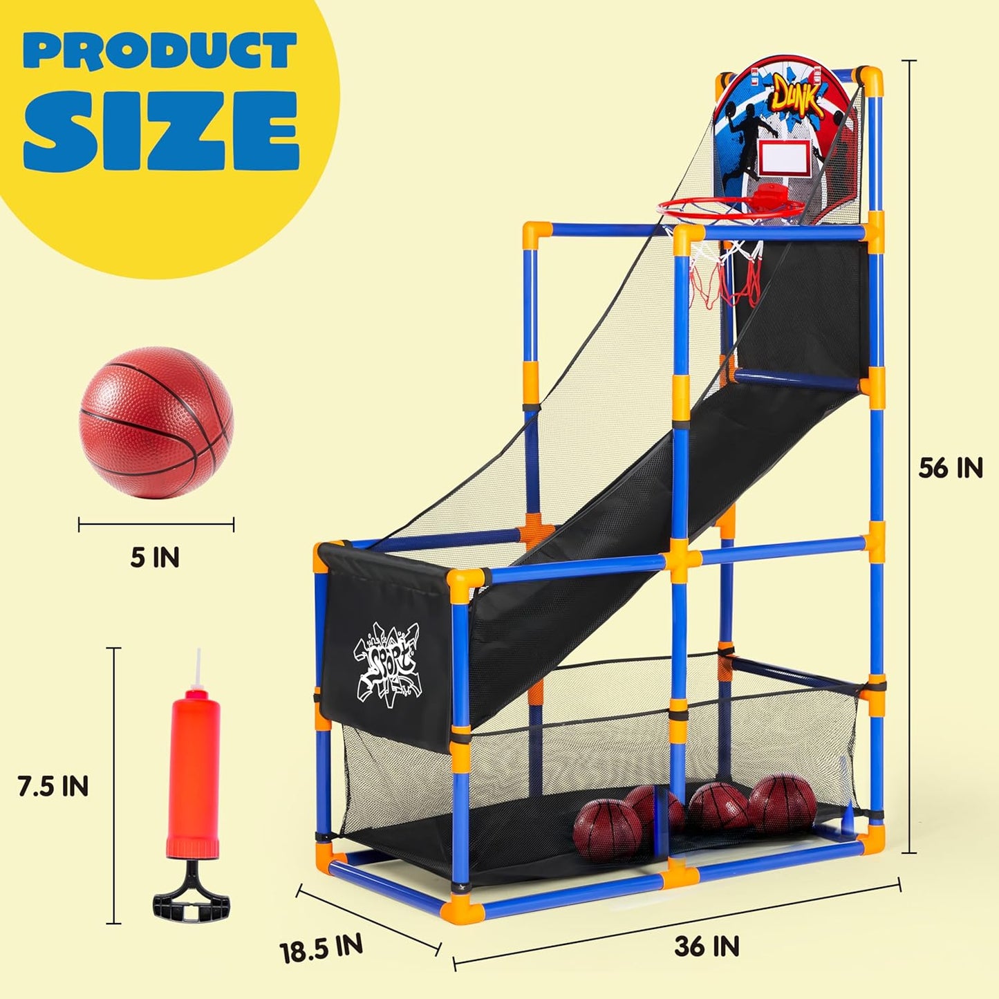 JOYIN Arcade Basketball Game Set with 4 Balls and Hoop for Kids 3 to 12 Years Old Indoor Outdoor Sport Play - Easy Set Up - Air Pump Included - Ideal