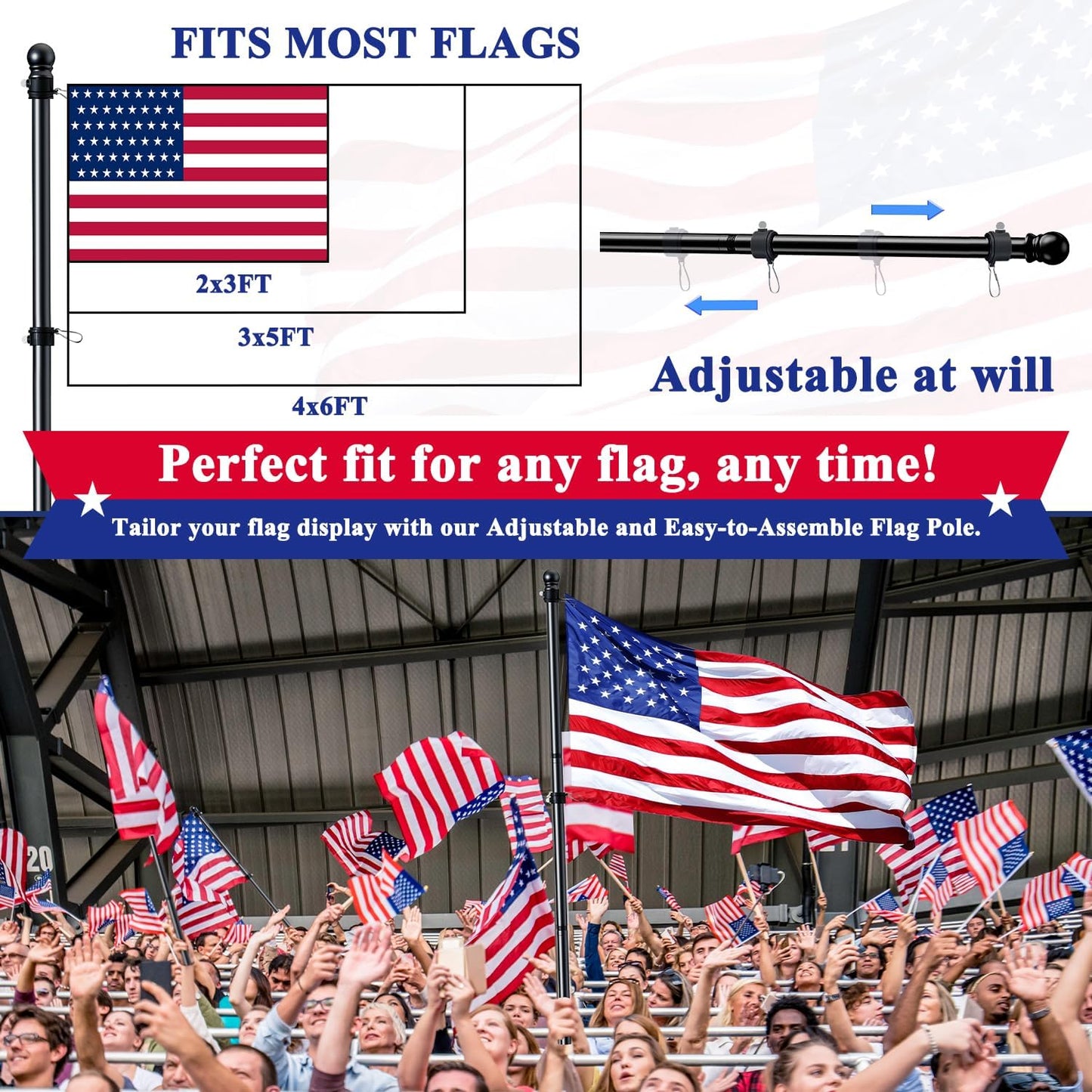 PHITRIC Flag Pole Kit, Tangle Free Spinning Stainless Steel Rustproof Flagpole for 3x5 Sports Fan Outdoor Flags for Outside House (Black