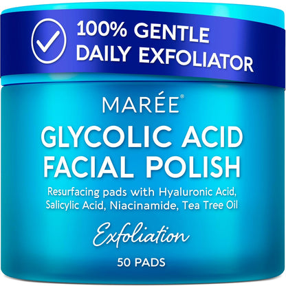 MAREE Glycolic Acid Pads - Toner Pads for Face Cleansing - Exfoliating Pad with Tea Tree Oil, Salicylic Acid & Vitamins E, B3, B5 - Acne