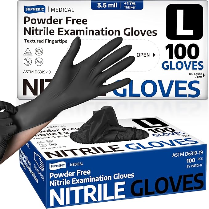 Supmedic Medical Soft Max Black Nitrile Disposable Gloves, 100 Pcs, Latex-Free & Powder-Free Food Safe Food Prep Exam Gloves