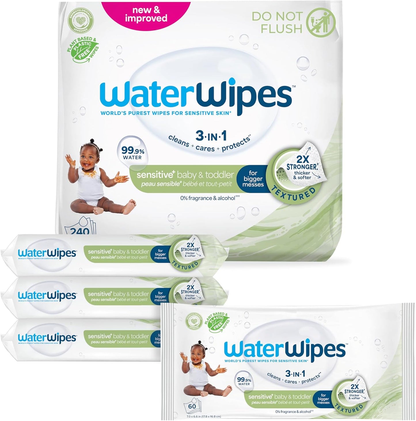 WaterWipes Sensitive+ Baby & Toddler Wipes, 3-In-1 Cleans, Cares, Protects, 99.9% Water, Textured Clean, Unscented &