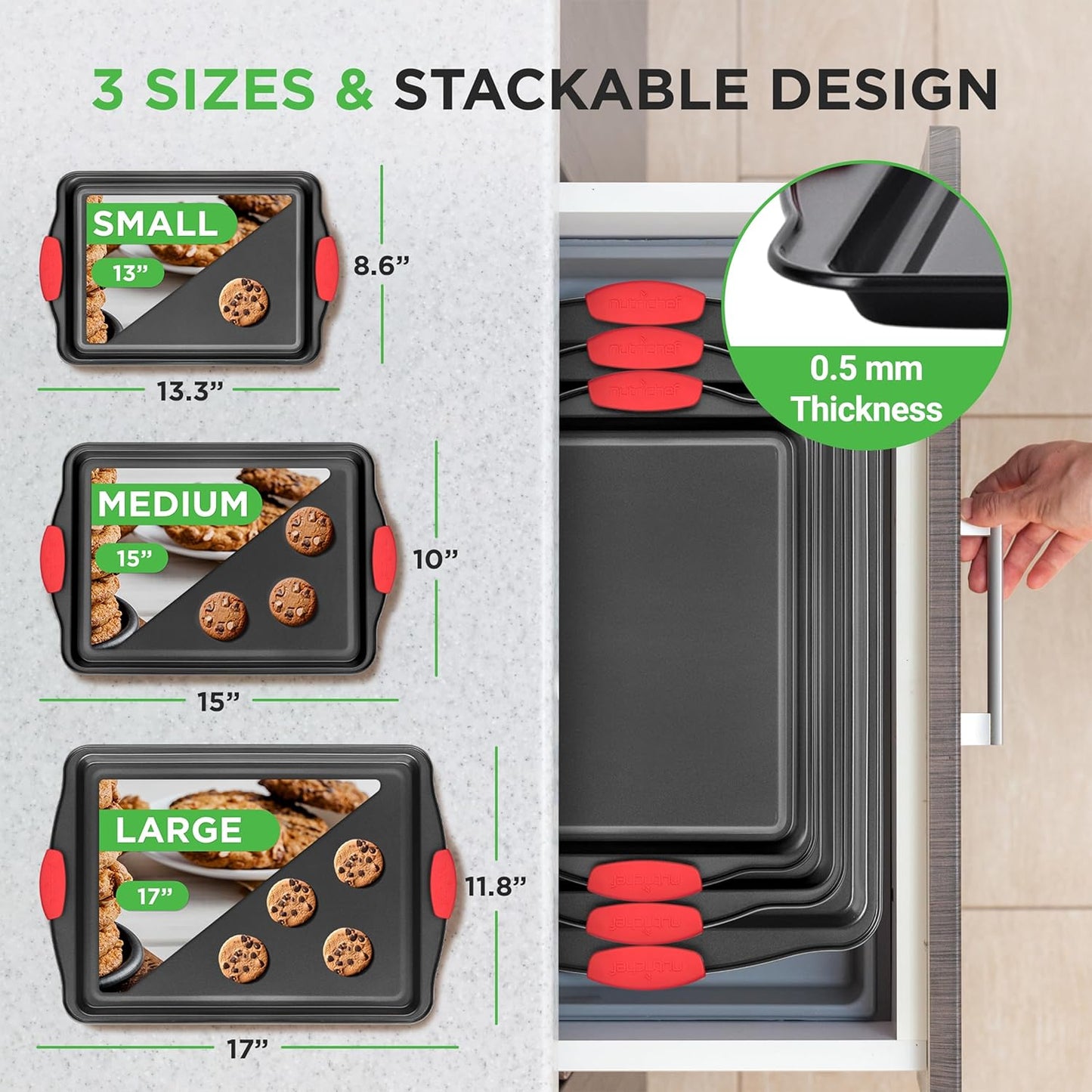 NutriChef 3-Piece Nonstick Kitchen Oven Baking Pans - Premium & Stylish Non-Stick