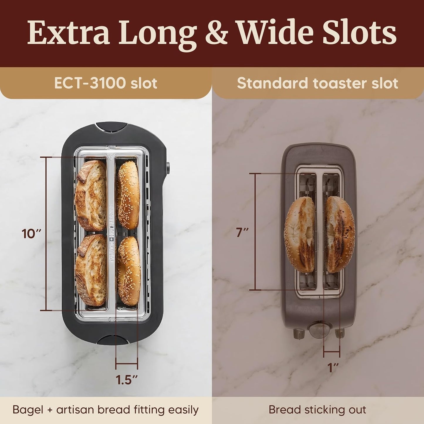 Elite Gourmet ECT-3100 4-Slice Long Slot Toaster, Extra Wide Slots for Bagels, Sourdough & Texas Toast, 6 Browning Settings, Reheat, Defrost &