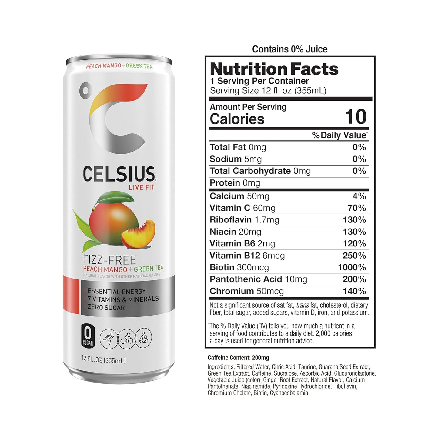 CELSIUS Fizz Free Peach Mango Green Tea, Sugar Free Energy Drink, 12 Fl Oz (2)
