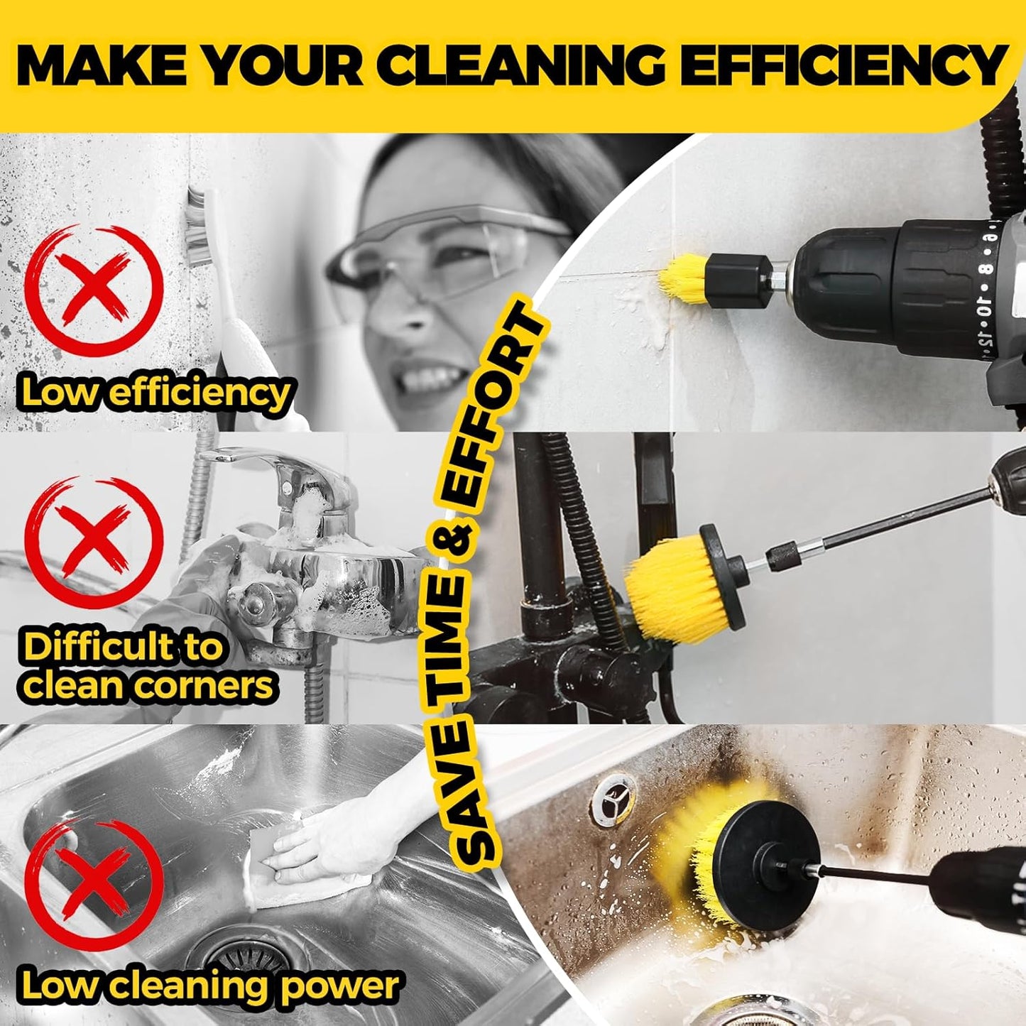 Holikme 6Pack Drill Brush Power Scrubber Cleaning Brush Extended Long Attachment Set All Purpose Drill Scrub Brushes Kit for Grout, Floor