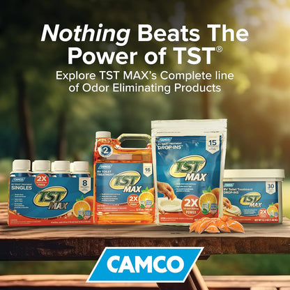 Camco TST MAX RV Toilet Treatment Drop-INs - Control Unwanted Odors & Break Down Waste and Tissue - Safe Septic Tank Treatment - Orange Scent, 30-Pack
