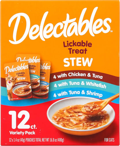 Delectables Lickable Treat Stew Wet Cat Treat Variety Pack, Food Topper, Hydrating, Grain-Free, No Fillers, No By-Products, No Added