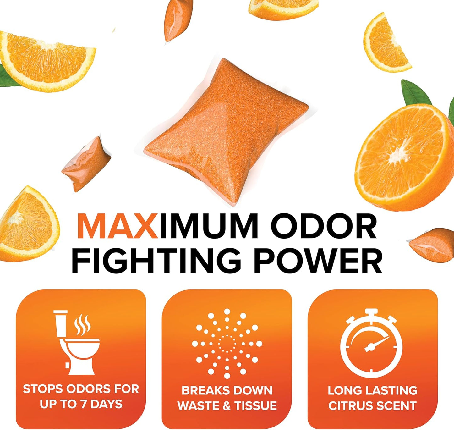Camco TST MAX RV Toilet Treatment Drop-INs - Control Unwanted Odors & Break Down Waste and Tissue - Safe Septic Tank Treatment - Orange Scent, 30-Pack