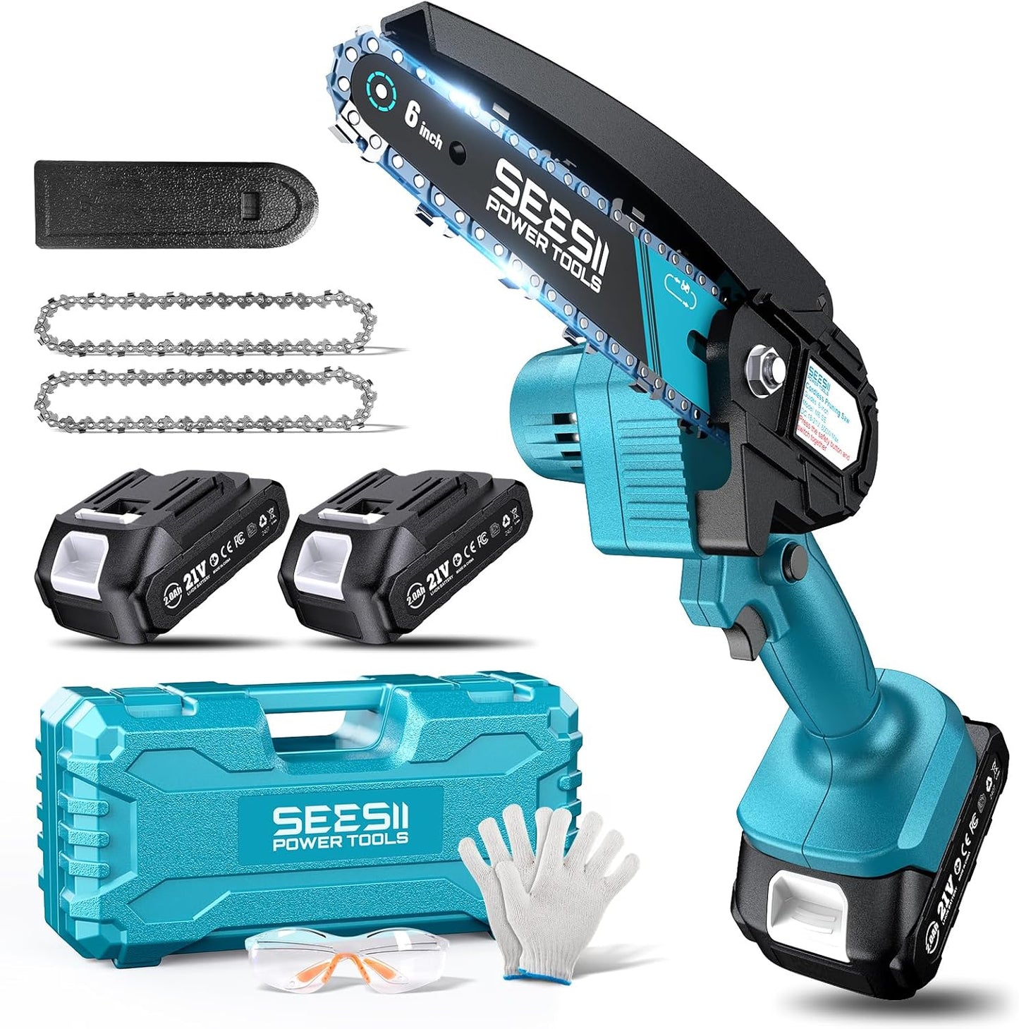 Seesii Mini Chainsaw, 6-inch Mini Chainsaw Cordless, Handheld Electric Power Chain Saw with 2 Batteries, for Tree Trimming Wood