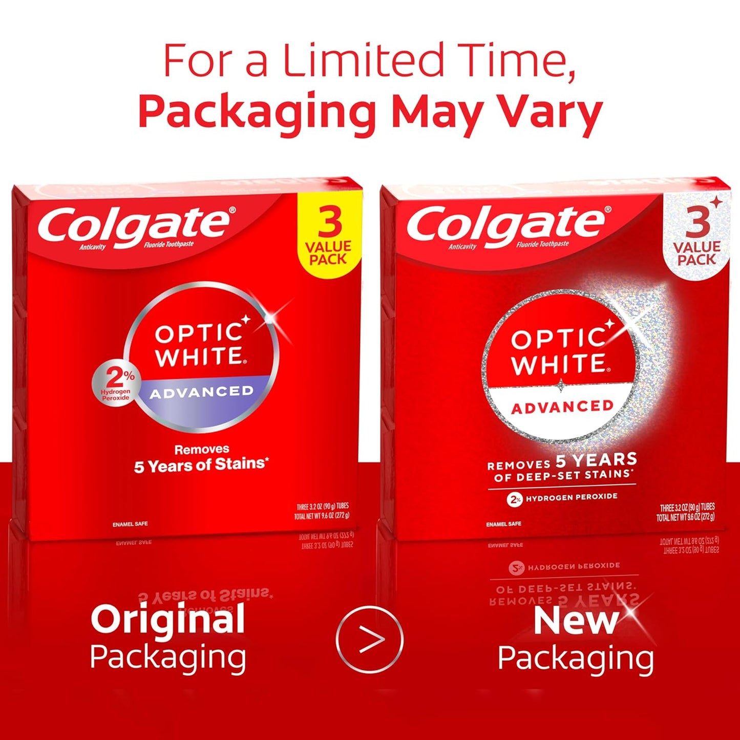Colgate Optic White Advanced Hydrogen Peroxide Toothpaste, Teeth Whitening Toothpaste Pack, Enamel-Safe Formula, Helps Remove Tea